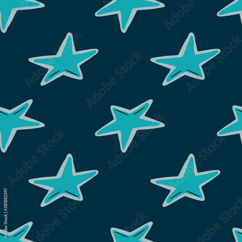 Blue star shapes seamless patern. Doodle hand drawn space ornament on navy blue dark background.