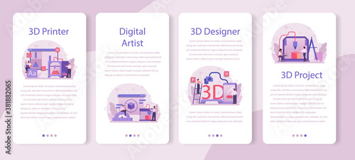 Designer 3D modeling mobile application banner set. Digital drawing