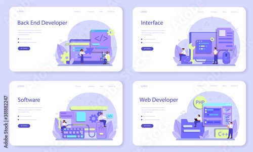 Back end development web banner or landing page set. Software development
