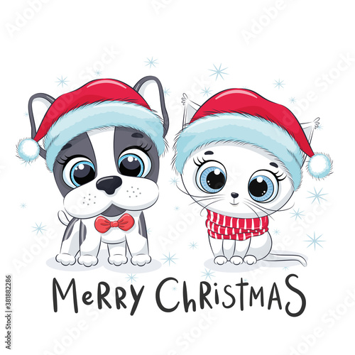 Cute kitten and puppy. Merry Christmas design.