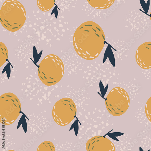 Seamess random pale pattern with orange colored mandarin ornament. Pink background with splashes. Fruit print.