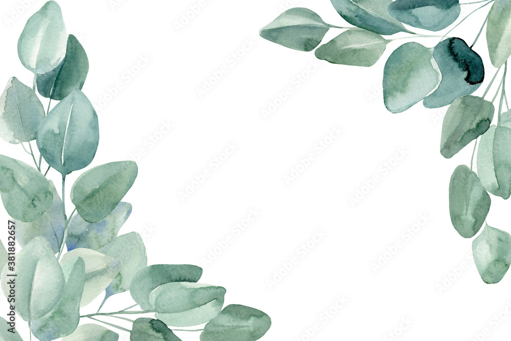 Greeting card, invitation, postcard with eucalyptus on isolated white background, watercolor illustration 