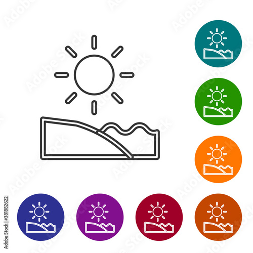 Black line Beach icon isolated on white background. Tropical beach landscape. Good sunny day. Set icons in color circle buttons. Vector.
