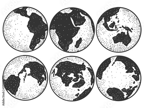 Planet Earth from different angles. Globe sketch scratch board imitation.