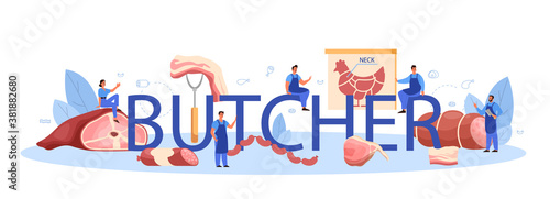 Butcher typographic header. Fresh meat and meat products with ham