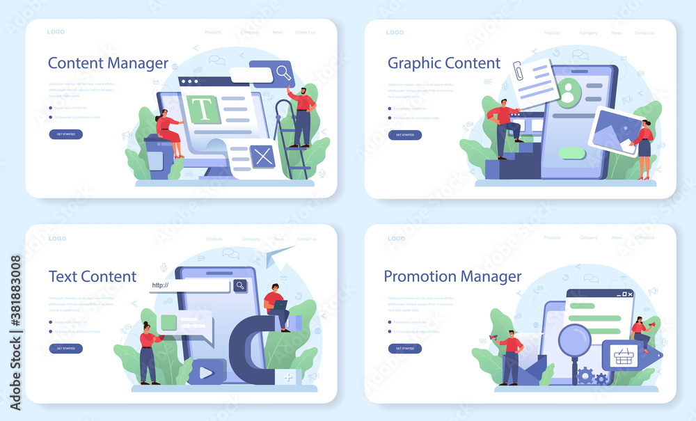 Content management web banner or landing page set. Idea of digital Content management web banner or landing page set. Idea of digital