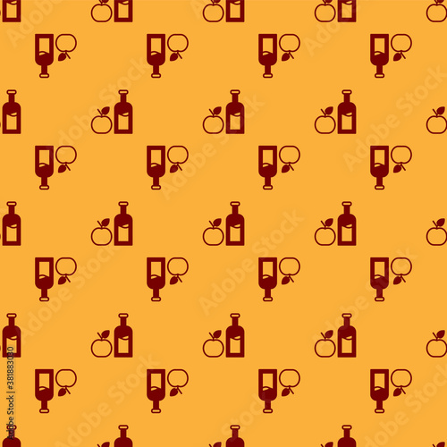 Red Apple cider bottle icon isolated seamless pattern on brown background. Beverage glass bottle. Vector.
