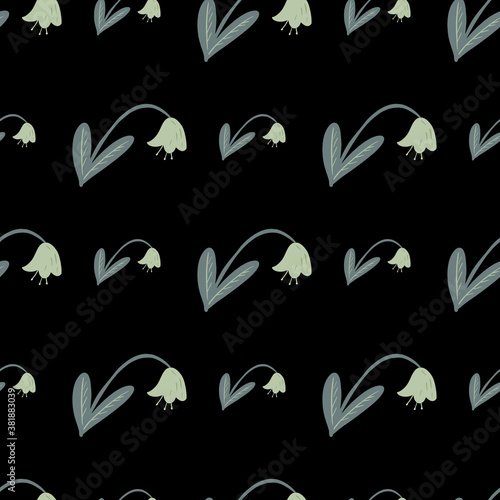 Dark seamless pattern with campanula doodle silhouetttes. Bluebell ornament in blue colors on black background.