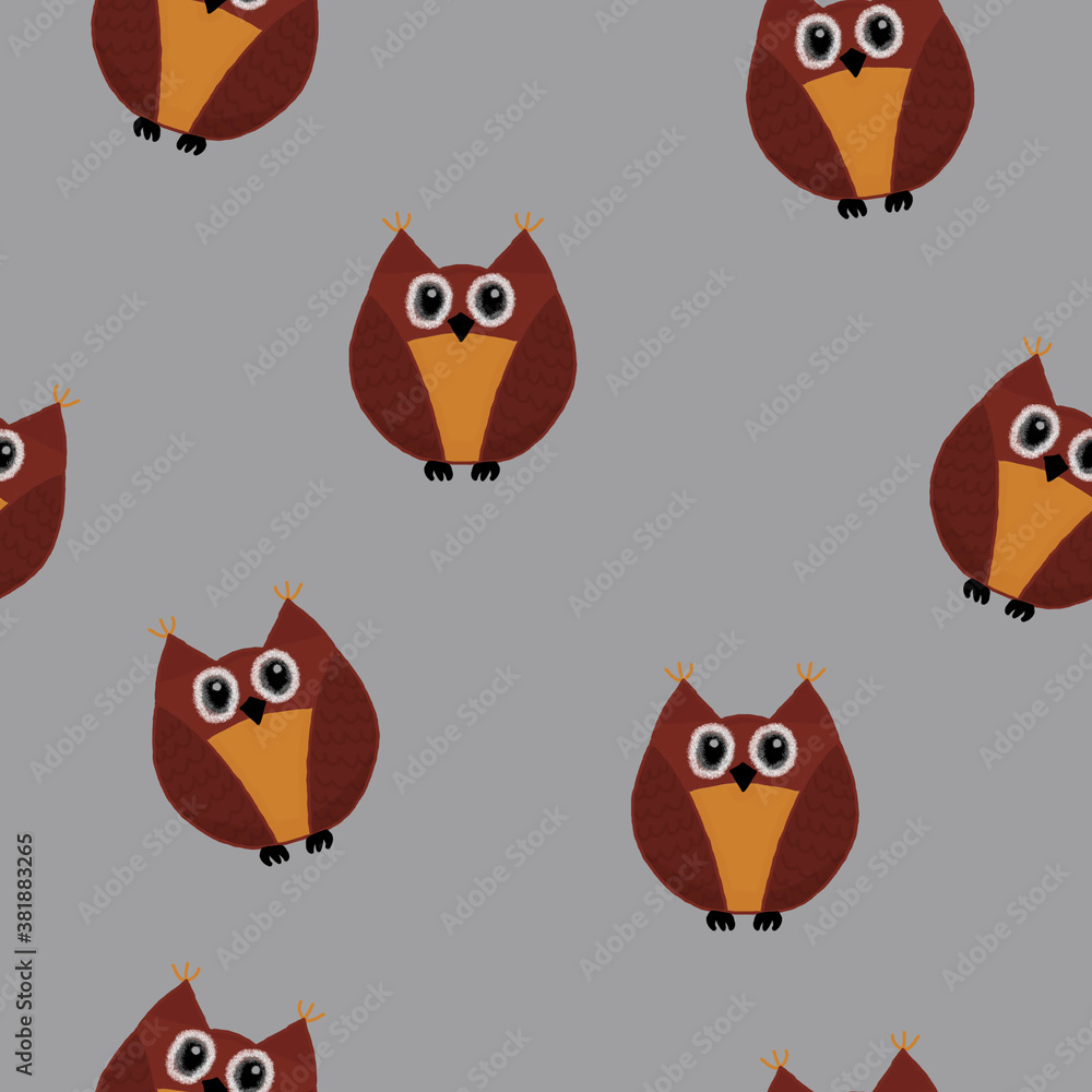 seamless pattern with colorful owls on a gray background