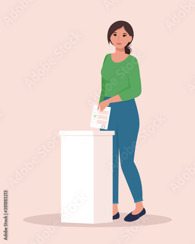 Woman throws a ballot in the ballot box. Vote, election concept. Vector illustration in flat style