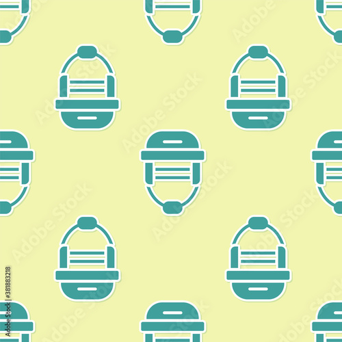 Photography Green Hockey helmet icon isolated seamless pattern on yellow background