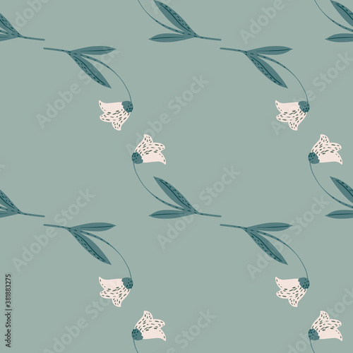 Minimalistic seamless flora pattern with flower bluebell shapes. Campanula cute ornament on light blue background.