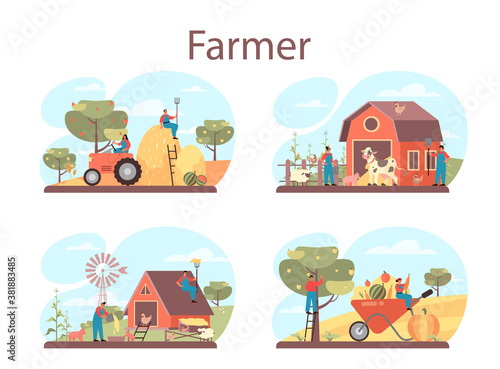 Farmer concept set. Farm worker on the field, watering plants and feeding