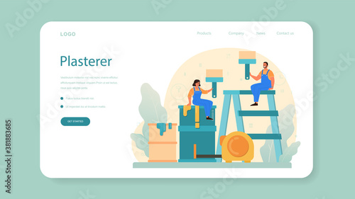 Home master web banner or landing page. Repairman applying finishing