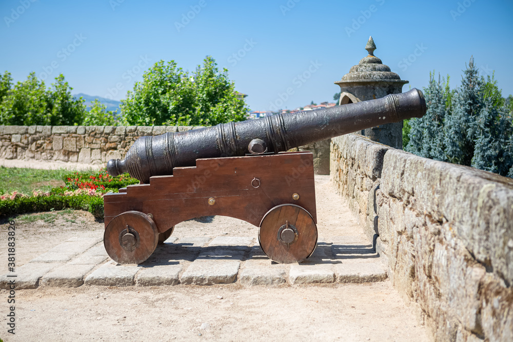 View of old wooden-based cannon in the fortress of Castelo de Chaves