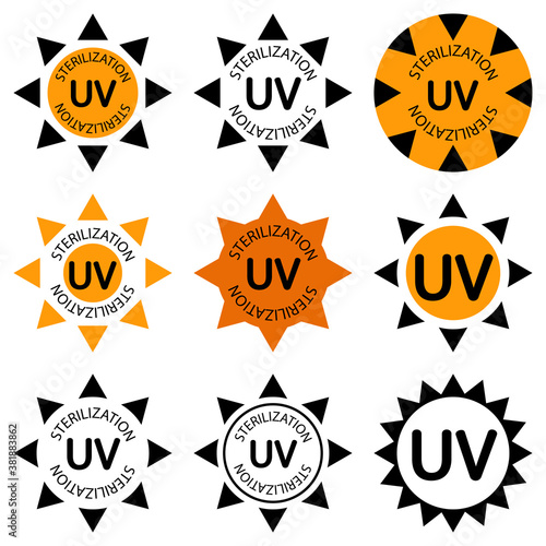 UV sterilization stamp. UV disinfection badge. Antimicrobial icons set. Ultraviolet germicidal irradiation. Surface cleaning, medical decontamination procedure. Vector