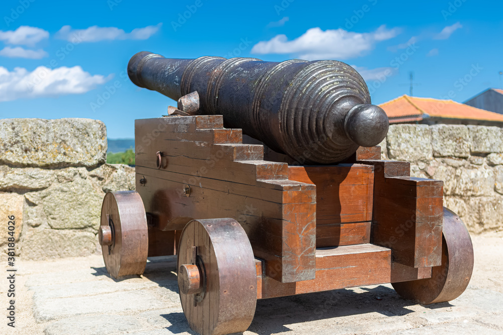 View of old wooden-based cannon in the fortress of Castelo de Chaves