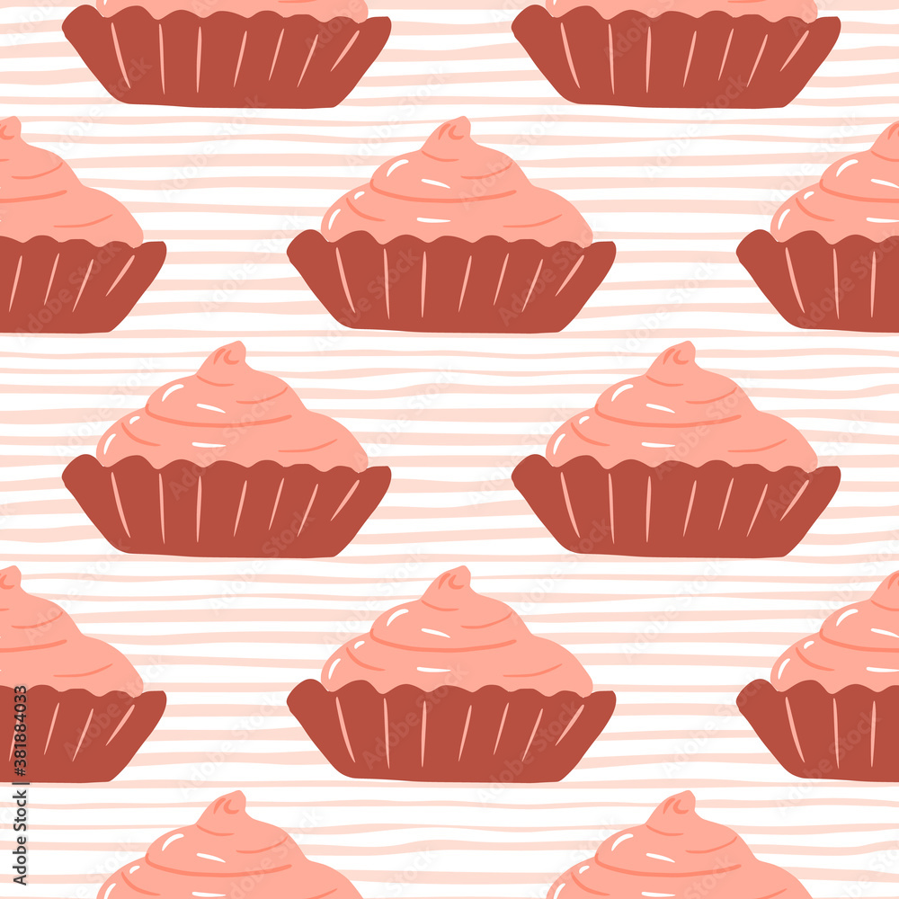 Basket cake with pink strawberry cream seamless pattern. Stylized hand drawn ornament on grey light striped ornament. Basket cake with pink strawberry cream seamless pattern. Stylized hand drawn ornament on grey light striped ornament.