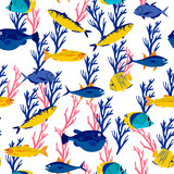 Underwater Creature and Marine Life with Fish and Sea Weeds Seamless Vector Pattern