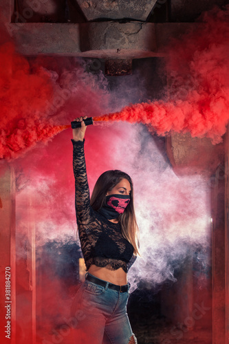 Dangerous girl with pink mouth mask