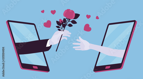 Love, long distance romantic relationship via tablet screen. Male hand giving flowers to a girlfriend or female friend, order bouquets online, delivery service. Vector creative stylized illustration