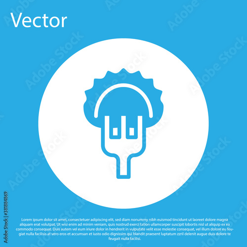 Blue Dumplings on fork icon isolated on blue background. Pierogi, varenyky, pelmeni, ravioli. Traditional Ukrainian food. White circle button. Vector.