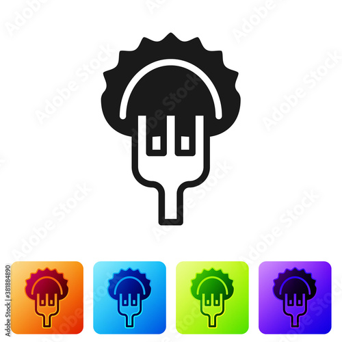 Black Dumplings on fork icon isolated on white background. Pierogi, varenyky, pelmeni, ravioli. Traditional Ukrainian food. Set icons in color square buttons. Vector.