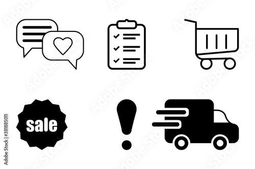 Sale icon set. Chat, list, cart, label, important, delivery. Simple black icon. Isolated illustration on white background. Flat style. Vector stock image
