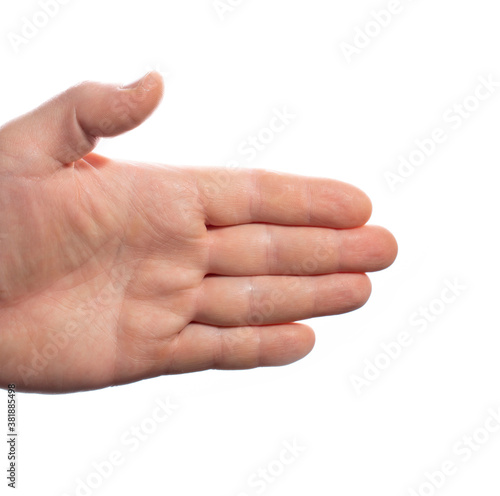 close-up of a male hand with an open palm on a white background,