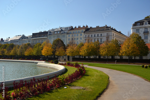 gardens of Belvedere Palace in bright sunny autumn day, Vienna Austria