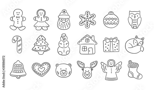 Set of gingerbread cookies for Christmas in doodle style. Gingerbread house, man, snowflake, angel, reindeer, christmas tree. Isolated hand drawn vector objects on white background