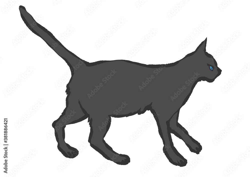 颯爽と歩いている黒っぽい色の猫の手描きイラスト(白バック)