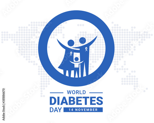 World diabetes day with blue family father, mother and son in circle ring on dot globe texture background vector design