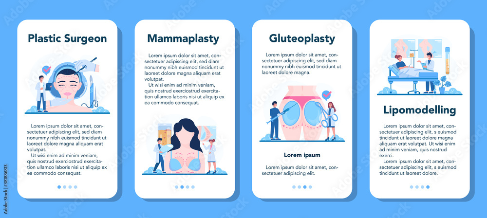 Plastic surgeon mobile application banner set. Idea of body and face Plastic surgeon mobile application banner set. Idea of body and face