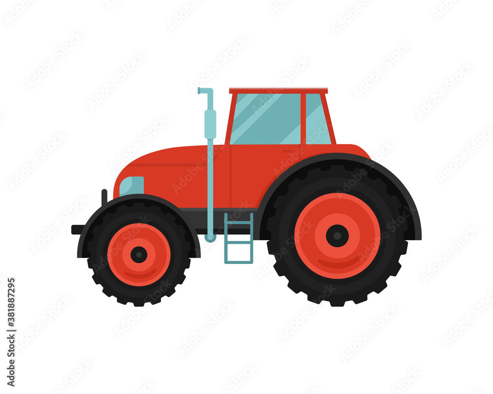 Tractor. Vector illustration of a red tractor in a flat style isolated on white background. Heavy agricultural machinery for field work Tractor. Vector illustration of a red tractor in a flat style isolated on white background. Heavy agricultural machinery for field work