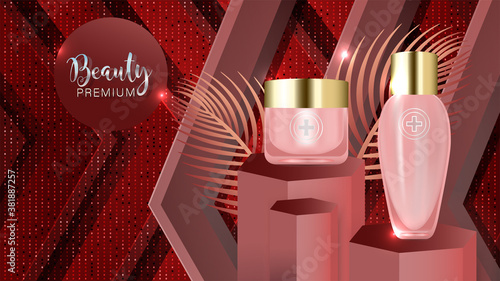 Beauty product ad design, pink cosmetic containers with red background ready to use, luxury skin care banner, illustration vector.	