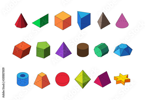 Shapes geometric isometric big set. Polyhedral diamond crystals cylinders star structure trendy spherical octahedrons pyramidal red polygons orange squares and rectangles triangles. Vector form.