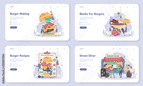 Fast food, burger house web banner or landing page set. Chef cook