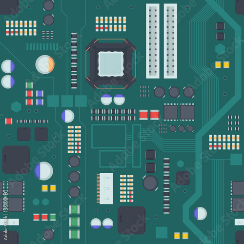 Computer motherboard seamless pattern. Board green with inputs connecting plata electronic red microchips integrated yellow semiconductors compartment central processor capacitors. Vector pattern.