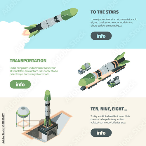 Rocket launch cosmodrome horizontal isometric banner. Preparation of shuttle testing flight systems necessary delivery fuel and spare parts conquest scientific exploration space. Vector template.