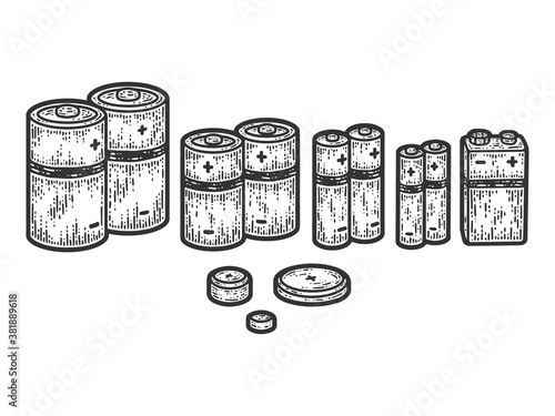 A set of different batteries. Sketch scratch board imitation. photo