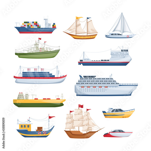 Maritime ships at sea, shipping boats, sailboat, yacht sailing, cargo cruise ship, steamship, vessel, frigate with sails, battleship, tanker. Water transportation boat tourism transport cartoon
