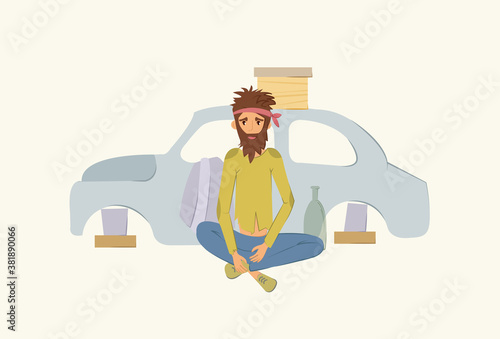 Homeless people, poverty concept. Adult man begging money and needing help, isolated vector. Unemployment poor man in rags, sitting near a disassembled car on street.