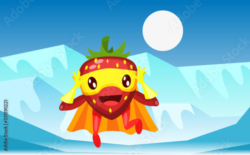 Funny cartoon character fruit plum in superhero costume at masks emotion with hands up. Vegetable character super hero product fun food costume vector illustration