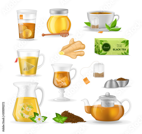 Realistic glass custard transparent teapot with hot fresh black ginger tea, plastic glass and ceramic cup, mug of tea with sugar, ginger root, tea bags, infusion in transparent glass teapot