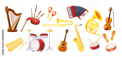 Set various musical metal wood acoustic instruments: violin, tambourine, harp, trombone, bagpipe, saxophone, accordion, guitar, drum, tambourine, synthesizer, bagpipes, maracas, rumba vector