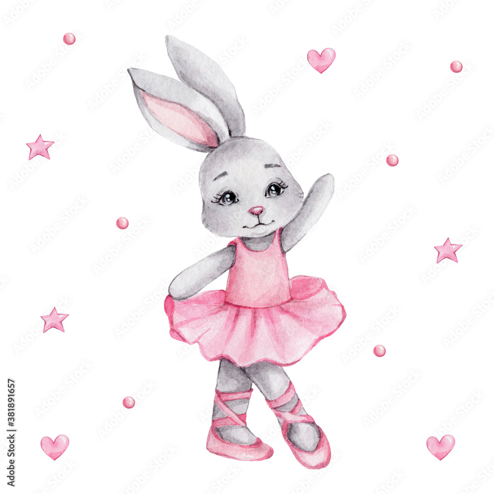 Cute cartoon little ballerina bunny in pink tutu dress; watercolor hand