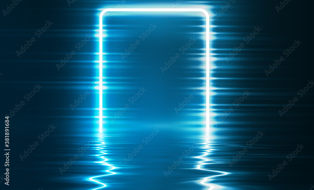Abstract dark futuristic background. Blue neon light rays reflect off the water. Background of empty stage show, beach party. 3d illustration - obrazy, fototapety, plakaty 