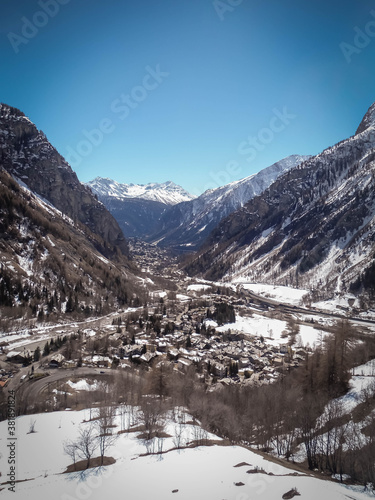 Aerial view of Chamonix, France. Blue and clear skies