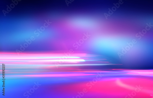 Dark abstract background. Neon multicolored glow. Night party, laser show. Empty concert stage background, reflection of spotlight light.